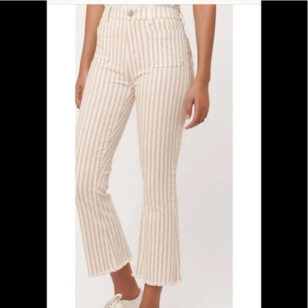 LOFT‎ Striped High Waist Flare Crop Jeans White Tan Frayed Hem - Size 27